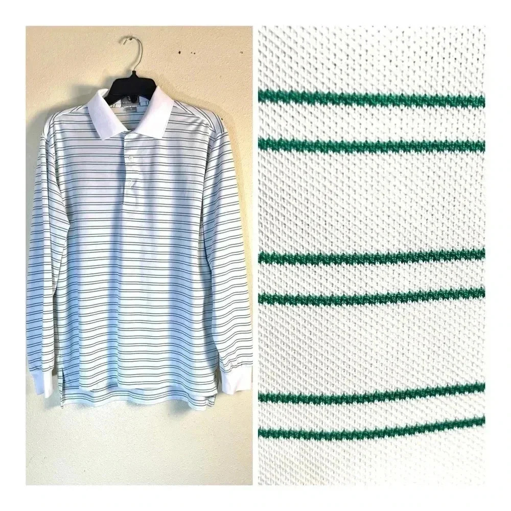 Fennec Mens Size Medium Striped Long Sleeve Shirt Golf Polo Green White